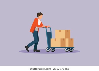 Actividad física de los trabajadores que empujan carritos de mercancías. Concepto de actividad física. Ilustración vectorial plana coloreada aislada