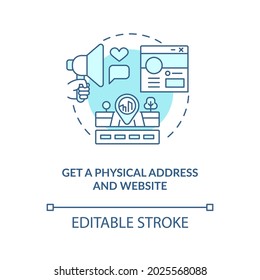 Physical address and website blue concept icon. Business development. Project promotion. Startup launch abstract idea thin line illustration. Vector isolated outline color drawing. Editable stroke