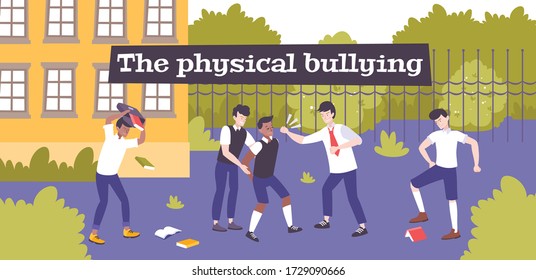 Physical bullying flat composition with school backyard scenery and group of violent children beating their mate vector illustration