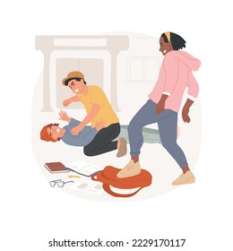 Physical bullying isolated cartoon vector illustration. Kids fighting at school, boys dominate weaker student, physical attack, destroying childs property, bullying problem vector cartoon.