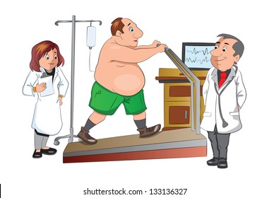 Physical Checkup at the doctor office, walking on a treadmill, illustration