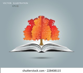 Physical concept, orange, paper tree from the mathematical equations and formulas, growing from an open-book, vector illustration modern template design 
