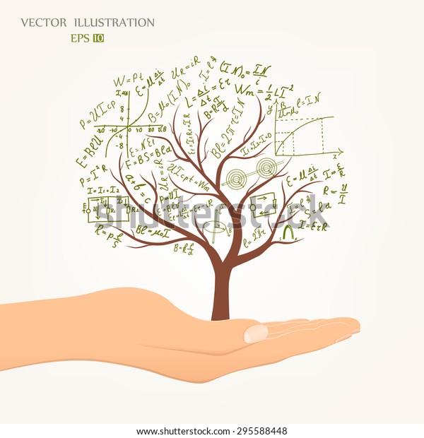 The physical concept, the tree of\
mathematical equations and formulas, growing from an open palm.\
Doodle. Vector illustration modern design\
template