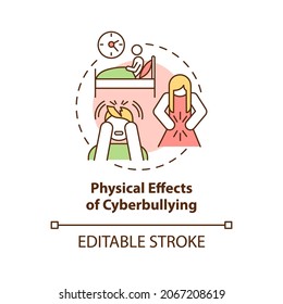 Physical cyberbullying effects concept icon. Negative consequences idea thin line illustration. Trouble sleeping. Stomachache, discomfort. Vector isolated outline RGB color drawing. Editable stroke