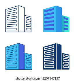 Physical data center building icon set in flat and line style. Vector illustration.