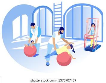 Physical Development for Children Cartoon Flat. Rehabilitation Center Staff Help Children Adapt Full Life. Children with Disabilities Strengthen Physical Strength Necessary to Handle Wheelchair.