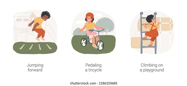 Physical development milestones isolated cartoon vector illustration set. Jumping forward, pedaling a tricycle, climbing on playground, kindergarten sport activity, early education vector cartoon.