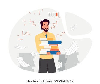 Concepto de dificultades físicas. Hombre con poca energía llevando pilas de libros. Empleado en el cargo. Trabajador sobrecargado, agotamiento y estrés. Elemento gráfico para el sitio web. Dibujo vectorial plano de dibujos animados