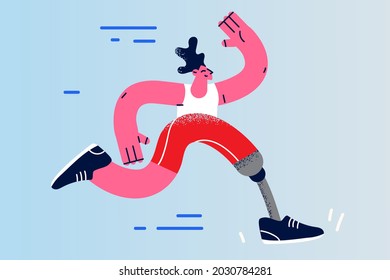 Physical disability and active lifestyle concept. Happy young disabled man running jogging feeling free and confident in his lifestyle and self esteem vector illustration 