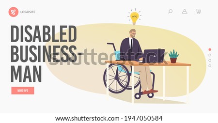 Physical Disability, Handicapped Work Employment Landing Page Template. Disabled Businessman Character on Wheelchair Working on Computer Develop Idea or Startup Online. Cartoon Vector Illustration