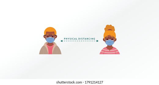 Physical distance vector illustration. Avatar icon wearing medical mask measure protection from spread virus, prevention safety. Vector illustration in a flat style.