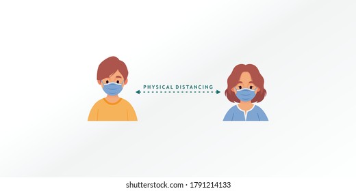Physical distance vector illustration. Avatar icon wearing medical mask measure protection from spread virus, prevention safety. Vector illustration in a flat style.