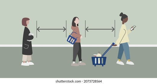 Physical distancing Concept. Keep at least two metres away from other people to protect yourself from catching coronavirus at supermarket. Vector illustration.