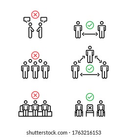 Physical distancing icons set. Coronavirus prevention. Line vector. Isolate on white background.