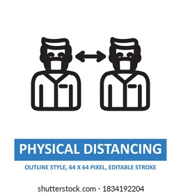 Physikalische Distanzierung Illustration Vektorsymbole Rahmenstil. Bearbeitbarer Stroke. Base 64 x 64 Pixel. Erweitert. Perfekte Verwendung für die Sensibilisierung in Banner, Flyer, Präsentation, etc.