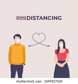 Physical distancing, keep distance in public society. Flat vector illustration, people to protect from COVID-19 coronavirus. Suitable for Advertising banner and infographic