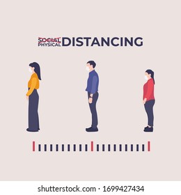 Physical distancing, keep distance in public society. Flat vector illustration, people to protect from COVID-19 coronavirus. Suitable for Advertising banner and infographic