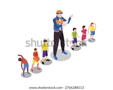 Physical Education Coach and Diverse Students in Sports Class 3d isometric vector illustration