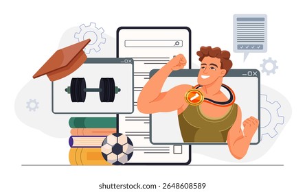 Conceito de educação física. Homem forte com medalha de ouro e bola de futebol. Estilo de vida ativo e esportes. Fitness e treino. Lição na escola. Ilustração de vetor plano