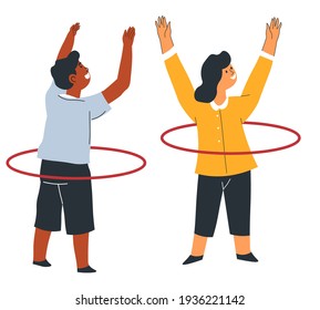 Physical education and development for children in school or kindergarten. Kids with hula hoops spinning circle, entertaining or fun. Characters leading active lifestyle. Vector in flat style
