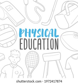 Physical Education Doodle Banner Icon. School Sport Vector Illustration Hand Drawn Art. Line Symbols Sketch Background.