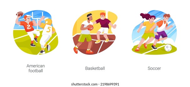 Physical Education In High School Isolated Cartoon Vector Illustration Set. American Football Team, Student Playing Basketball, Active Lifestyle, Soccer Game, High School Sport Vector Cartoon.