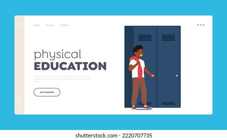 Physical Education Landing Page Template. Little Black Boy Stand near the Locker in School Sports Room or Corridor. Schoolboy Character Open Door to Change Clothes. Cartoon People Vector Illustration