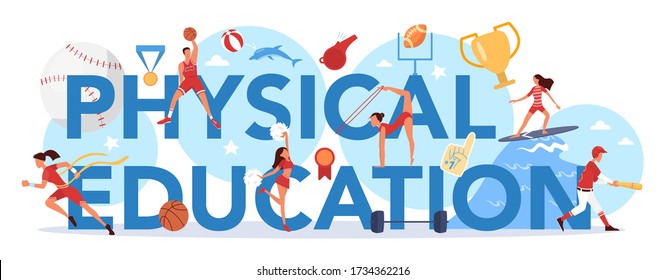 Physical education lesson school class typographic header concept Students doing excercise in the gym with sport equipment. Basketball, football, swimming and cheerleading. Vector illustration