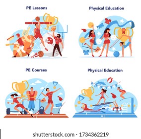 Physical education lesson school class concept set. Students doing excercise in the gym with sport equipment. Basketball, football, swimming and cheerleading. Vector illustration