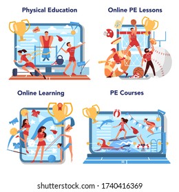 Physical education lesson school class online service or platform set. Students doing excercise in the gym with sport equipment. Online lesson and course. Vector illustration