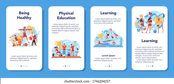 Physical education lesson school class mobile application banner set. Students doing excercise in the gym with sport equipment. Basketball, football, swimming and cheerleading. Vector illustration