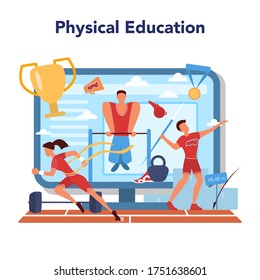 Physical education lesson school class online service or platform. Students doing excercise in the gym with sport equipment. Online lesson and course. Vector illustration