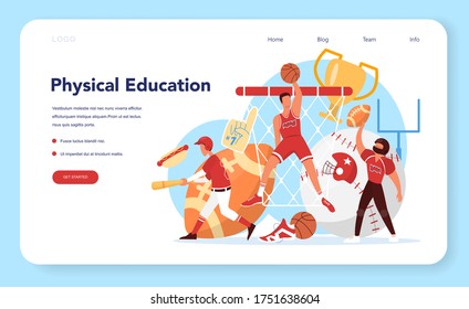 Physical education lesson school class web banner or landing page. Students doing excercise in the gym with sport equipment. Basketball, football, swimming and cheerleading. Vector illustration