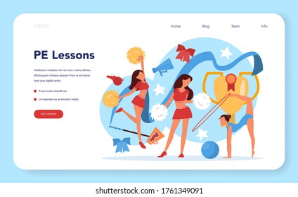 Physical education lesson school class web banner or landing page. Students doing excercise in the gym with sport equipment. Basketball, football, swimming and cheerleading. Vector illustration