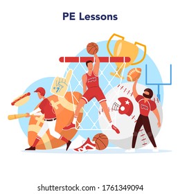 Physical education lesson school class concept. Students doing excercise in the gym with sport equipment. Basketball, football, swimming and cheerleading. Vector illustration