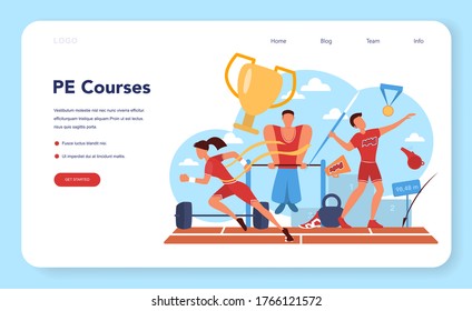 Physical education lesson school class web banner or landing page. Students doing excercise in the gym with sport equipment. Basketball, football, swimming and cheerleading. Vector illustration