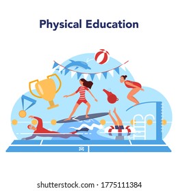 Physical education lesson school class concept. Students doing excercise in the gym with sport equipment. Basketball, football, swimming and cheerleading. Vector illustration