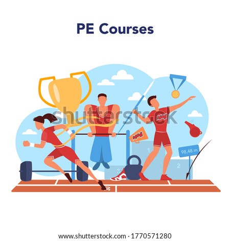 Physical education lesson school class concept. Students doing excercise in the gym with sport equipment. Basketball, football, swimming and cheerleading. Vector illustration