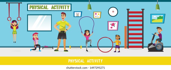 Physical Education Lesson at School Flat Cartoon Vector Illustration. People characters. Trainer and children in Gym with Sporting Equipment such as Horizontal Bar, Jump Rope, Gymnastic Hoop.