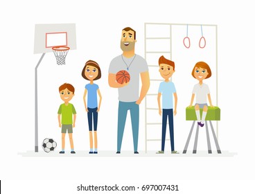 Physical education lesson at school - modern cartoon people characters illustration. Image of school trainer and children in the gym with sporting equipment. Basketball, football, horizontal bar, buck