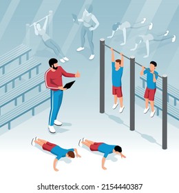 Physical Education Lesson At School With Students Doing Pull Ups And Push Ups Isometric Background 3d Vector Illustration