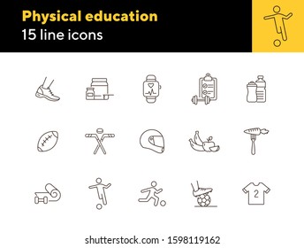 Physical education line icon set. Soccer, game, supplement. Sport concept. Can be used for topics like fitness, recreation, wellness