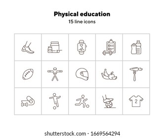 Physical education line icon set. Soccer, game, supplement. Sport concept. Can be used for topics like fitness, recreation, wellness