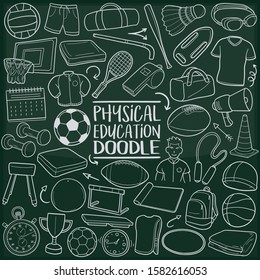 Physical Education School Chalkboard Doodle Icons. Sketch Hand Made Design Vector Art.