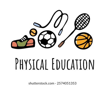 Physical education in school, college or university. Vector flat cartoon icons students curriculum. Physical betterment and activity, sports and competitions for pupils. Active lifestyle development