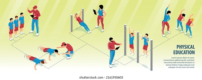 Physical education school lesson isometric infographics with male and female teachers students doing exercises push ups pull ups 3d vector illustration