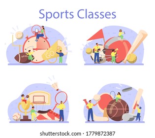 Physical education or school sport class concept set. Students doing excercise in the gym with sport equipment. Basketball, football, swimming and cheerleading. Vector illustration