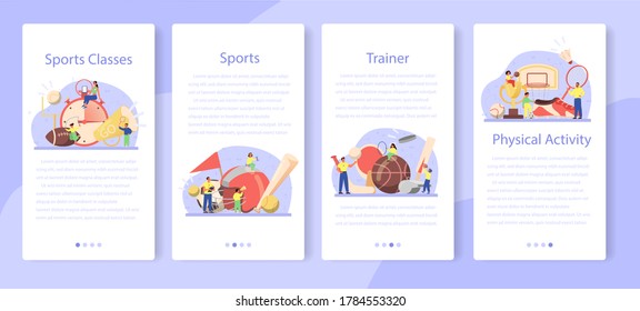 Physical education or school sport class mobile application banner set. Students doing excercise in the gym with sport equipment. Basketball, football, swimming and cheerleading. Vector illustration