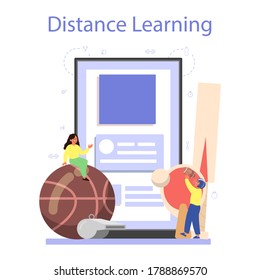 Physical education or school sport class online service or platform. Students doing excercise in the gym with sport equipment. Distance learning. Vector illustration