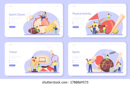 Physical education or school sport class web banner or landing page set. Students doing excercise in the gym with sport equipment. Basketball, football, swimming and cheerleading. Vector illustration